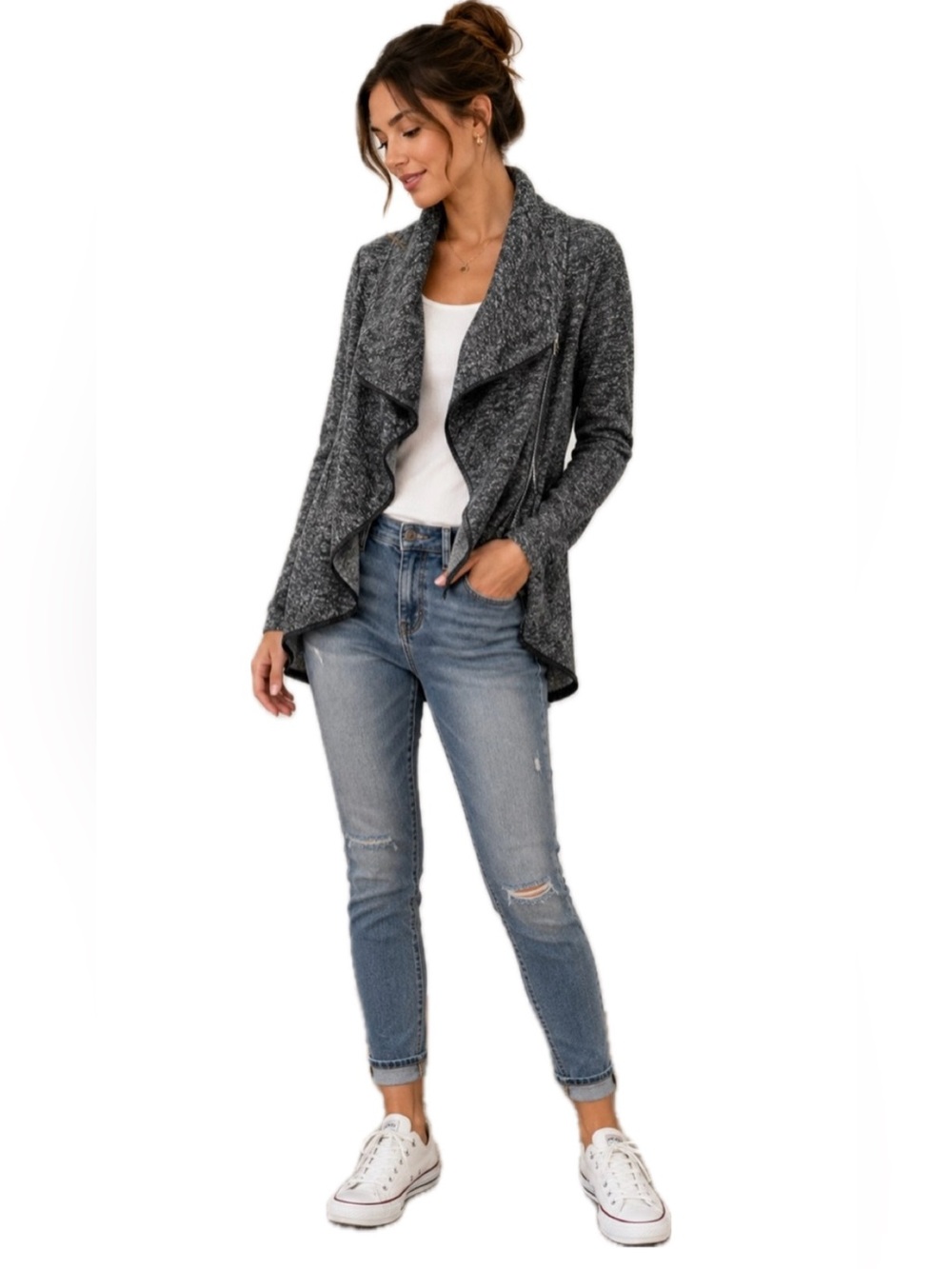Entro Gray Marled Asymmetrical Zip Cowl Neck Jacket Cardigan Small Sweater